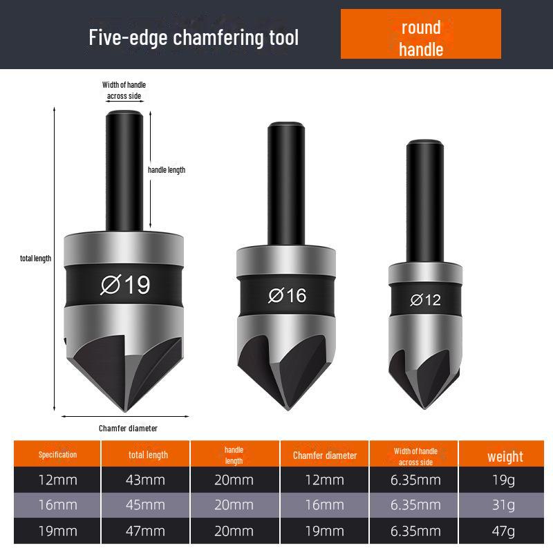 Black Hexagonal Handle 90° Woodworking Chamfering Tool Set - 3 Titanium-plated, 5-blade Hole Expansion Pieces
