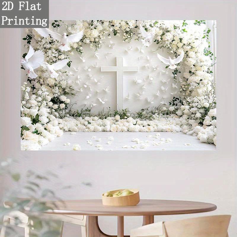 1pc, 2D flat, elegant white dove and floral wedding backdrop, cross theme - church ceremony, family party decoration, wsj