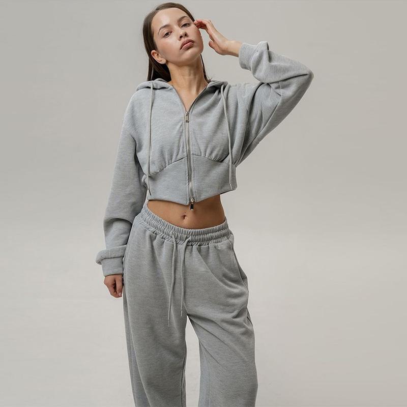 Casual Solid Color Hoodies Pants Set Women Long Sleeve Zipper Short Sweatshirt Slim Drawstring Trouser 2025 Spring Autumn New Lady Tracksuit
