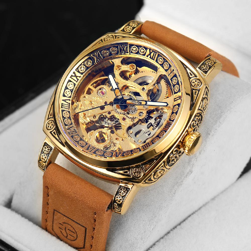 FORSINING Automatic Men Watch Skeleton Mechanical Vintage Engraved Cushion Case Luxury Dichroic Crystal Male Business Wristwatch