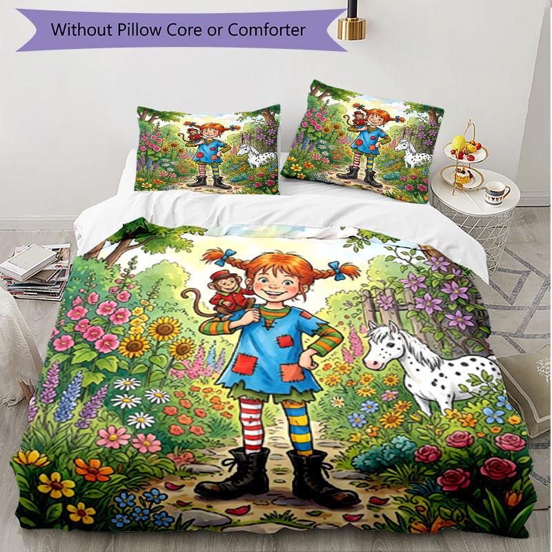 3pcs Duvet Cover Set (1*Duvet Cover + 2*Pillowcase, Without Core), Pippi Longstocking Print Soft All‑Season Bedding Set, Home Bedroom Decor Gift