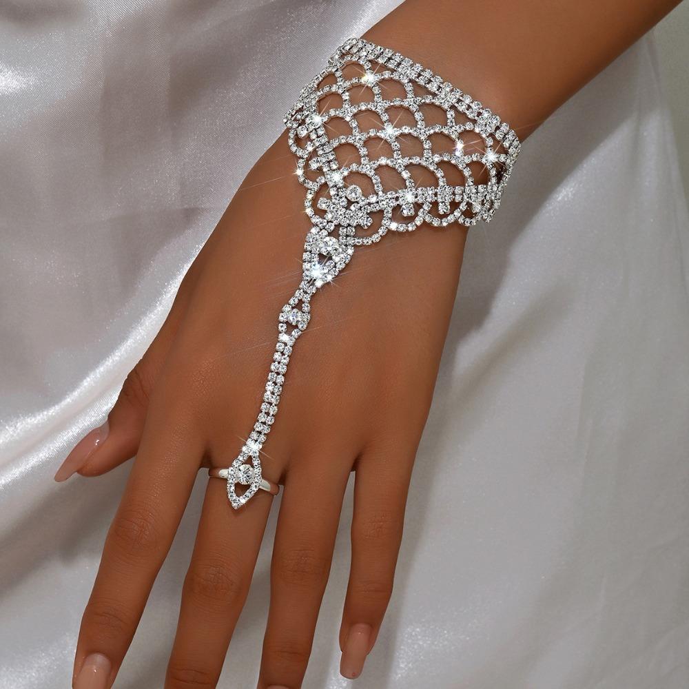 Versatile Rhinestone Hand Chain Fashion Finger Chain Ring Bracelet for Weddings