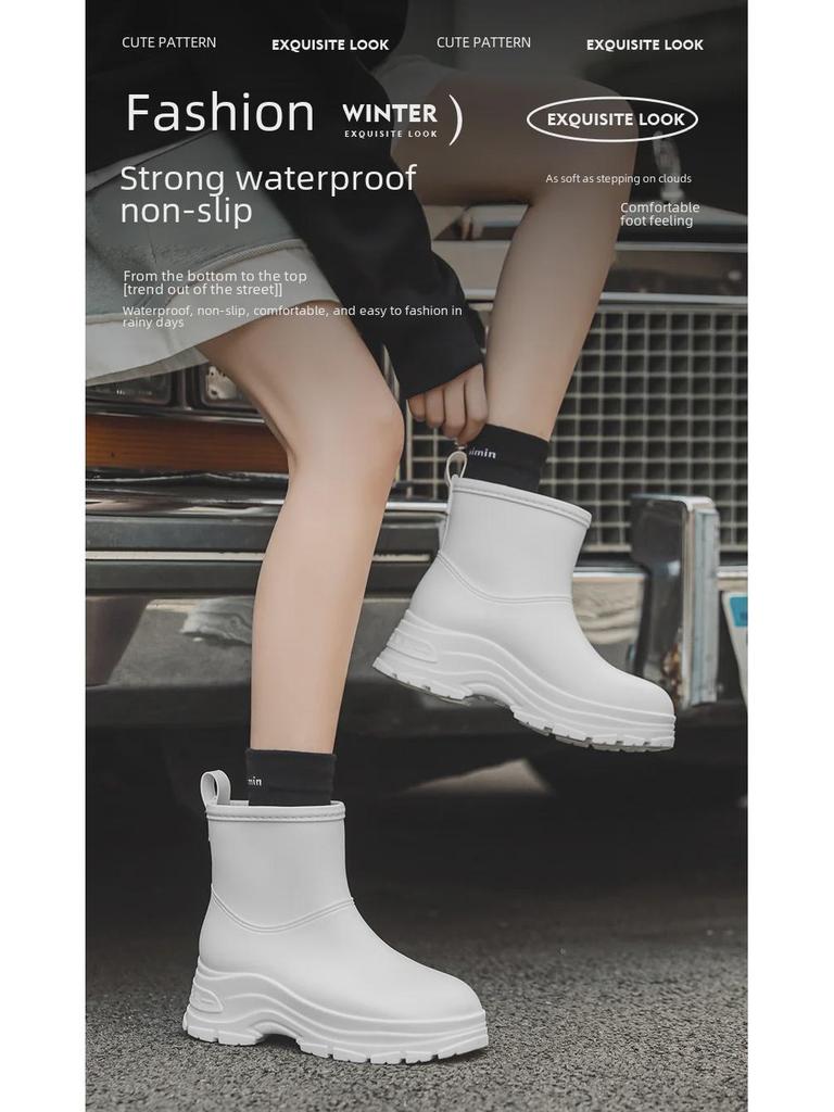 Korean Women's Waterproof, Non-Slip Rain Boots with Warm Cotton Lining & Thick Soles for Outdoor Camping