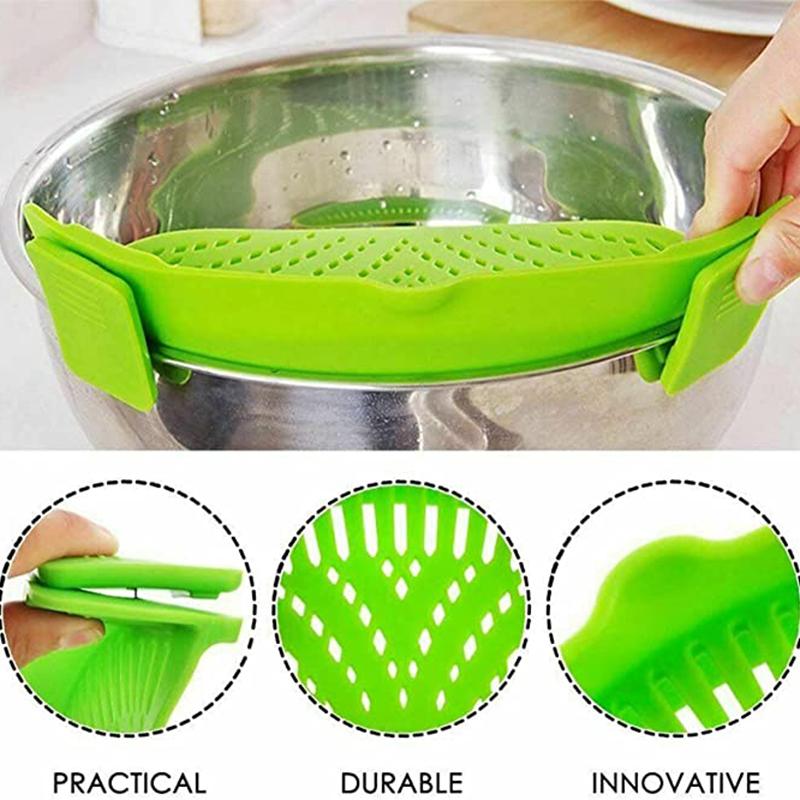 Silicone Kitchen Strainer Clip Pan Drain Rack Bowl Funnel Rice Pasta Vegetable Washing Colander Draining Excess Liquid Univers