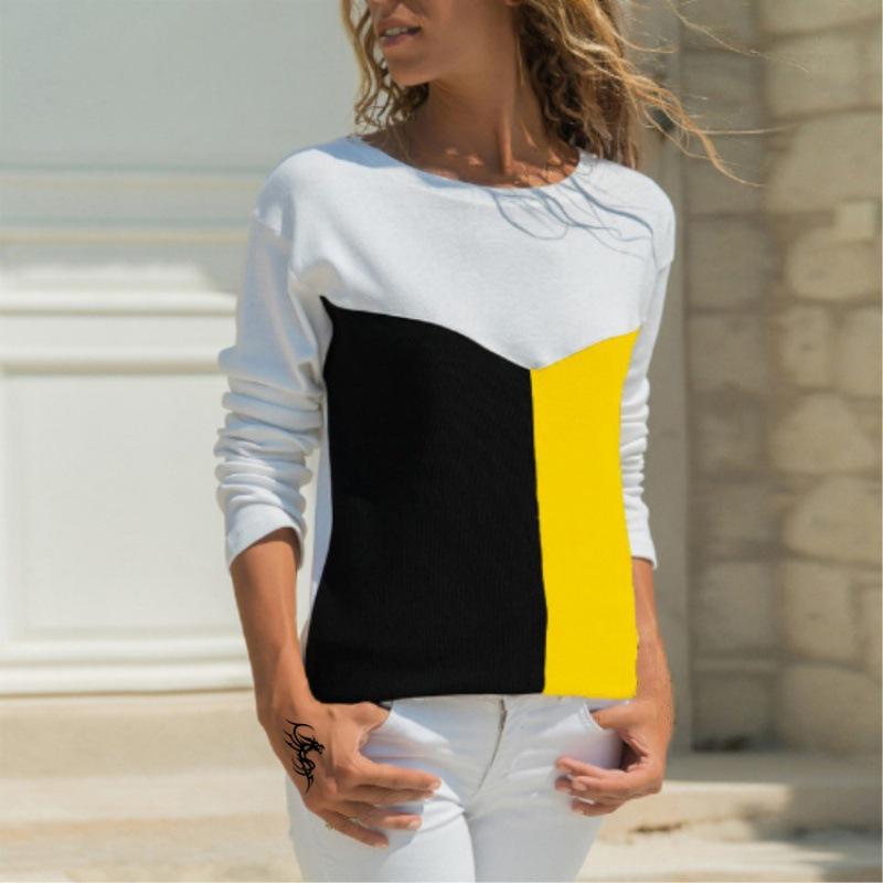 Женская круглая шея с длинным рукавом свободная футболка с принтом Colorblock Плюс Топ