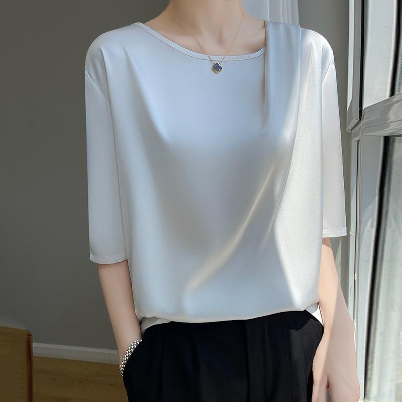 INDFS Women's Fashion Casual Summer Spring Solid Color Print 1/2 Sleevess O-Neck Blouses & Shirts