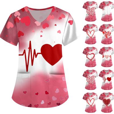 Большой размер Принтованный скраб Рабочая униформа Топы для женских V-образный вырез с запахом Принт Короткий рукав Веселые футболки Рабочая одежда Футболка с карманами