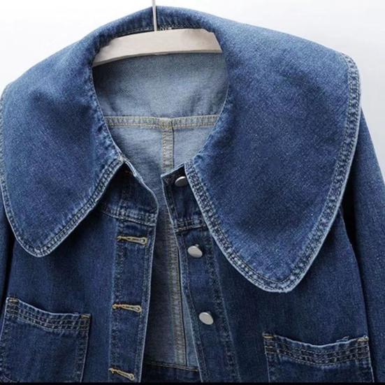 Women Denim Jacket Retro Single-breasted Doll Collar Long Sleeves Solid Color Side Pockets