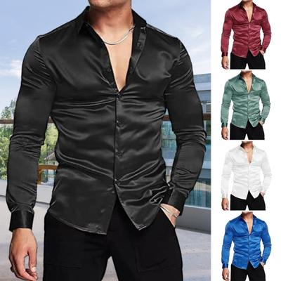 Мужская глянцевая рубашка однотонная с длинным рукавом деловая рубашка на пуговицах повседневная приталенная рубашка для выпускных вечеров свадеб