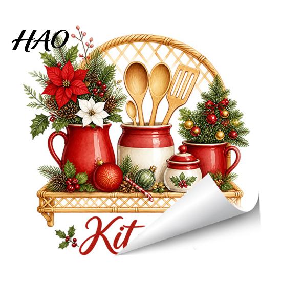 Durable Kitchen Renovation Wallpaper Christmas Kitchenware Utensil Wall Stickers, Teapot Cup Balls Flowers Decal, Removable Festive Gingerbread