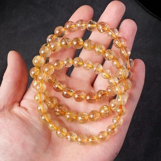 Natural Gold Yellow Rutilated Quartz Crystal Bracelet Stone Round Bead Stretch Gemstone Jewelry Women Men 7mm