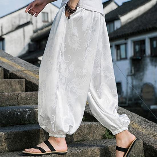 Мужские Брюки Фонарики Хиппи Бохо Широкие С Принтом Дракона Свободные С манжетой на щиколотке Мягкие Дышащие Шаровары Длинные Брюки для Йоги