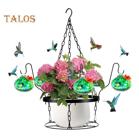 Кормушка для колибри из выдувного стекла ручной работы, подвесной металлический держатель для кашпо 2 в 1 с 6 маленькими кормушками для птиц из выдувного стекла для декора окон в саду и на заднем дворе