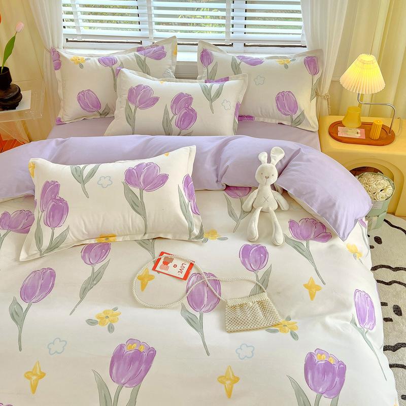 Маленький Свежий Утолщенный Комплект из Чистого Хлопка с Начесом Четыре Предмета Новый Осенне-Зимний Хлопковый Постельный Комплект для Общежития Простыня Пододеяльник Постельные Принадлежности