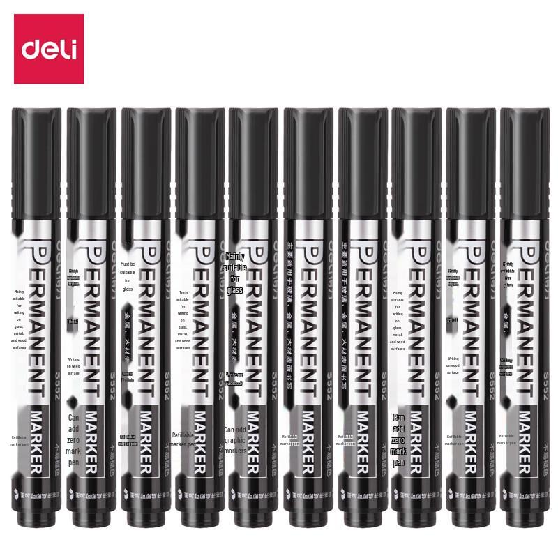 Deli S552 Thick Tip Oil-Based Marker Pens, Black (10-Pack)