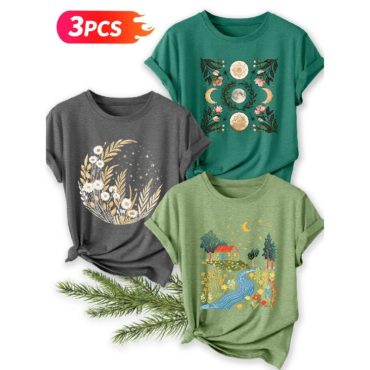 Three-piece set Starry Moon Countryside Scenery Printed Pattern Short Sleeve Vintage Round Neck T Fresh and natural style loose-fitting shirt 2026