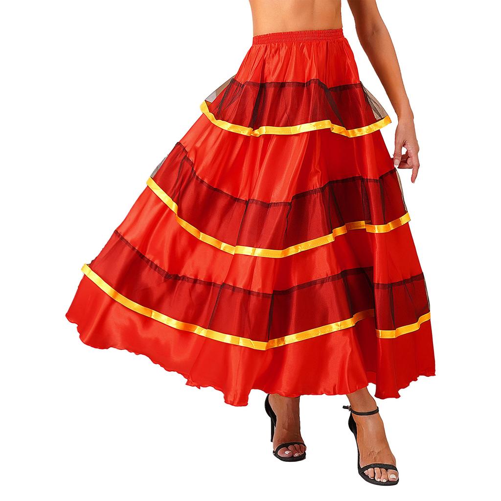 Womens Flamenco Dance Skirt Tiered Ruffles Wide Hemline Ballroom Dancing Skirt Carnival Stage Performance Costume