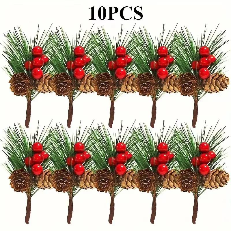 10pcs Artificial Pine Picks with Pine Needles, Pinecones & Red Berries - Durable Plastic Christmas Decor for Wreaths, Xmas Tree