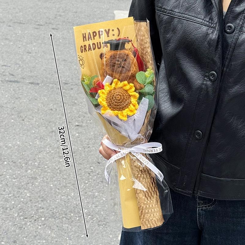 Доктор Мишка Graduation Букет из вязаных крючком цветов Искусственный подсолнух Ручная вязаная композиция в подарочном пакете Подарок выпускникам