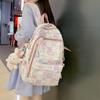 Ins Style Girls' Nylon Large Capacity Backpack For School Students Cartoon Cute Flower Pattern Grid Element