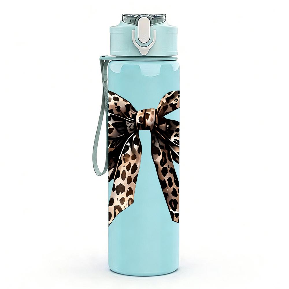 1PC Leopard Print Large Bow Graphic,750ml Color Plastic Sports Water Bottle,Leakproof Flip Straw Lid,Suitable for Sports Office Home Use
