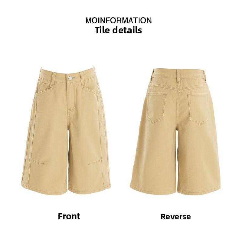 Hong Kong-style retro khaki cropped jeans for women, 2026 spring-summer new loose wide-leg Korean-style mid-length pants