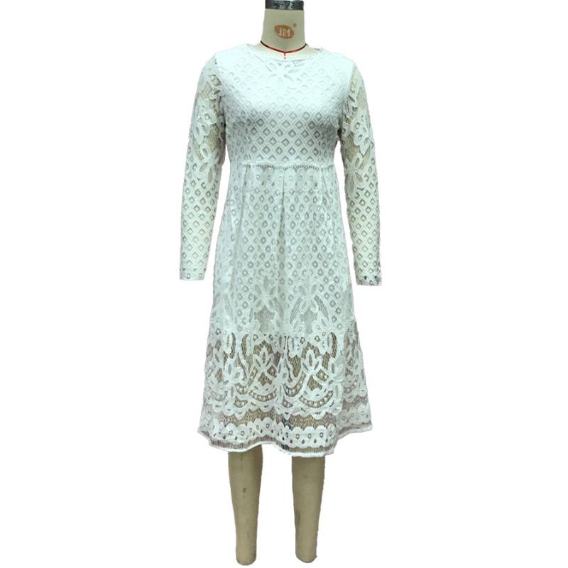 Women's Summer Round Neck Hollow Simple Lace Long Sleeve Slim Midi Dresses