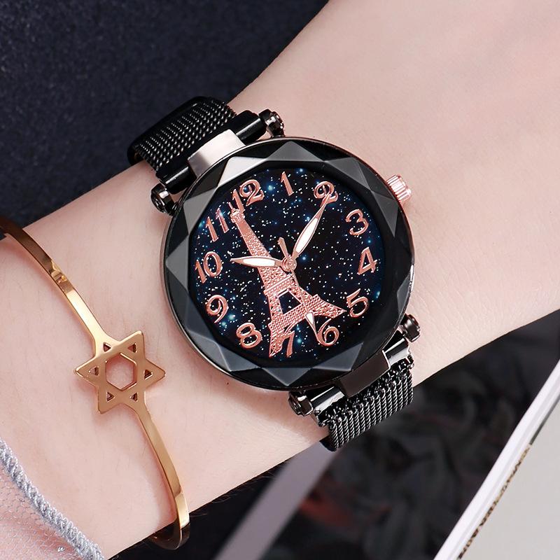 Gold Ladies Rose Women Luxury Starry Sky Watches Eiffel Tower Magnetic Wristwatches Casual Ladies Dress Quartz Watch