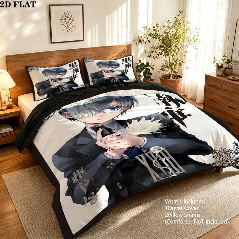 Black Butler Pattern Bedding Quilt Set Quilt Cover Pillowcase Home Birthday Gift(1 * duvet cover + 2 * pillowcase, without core)