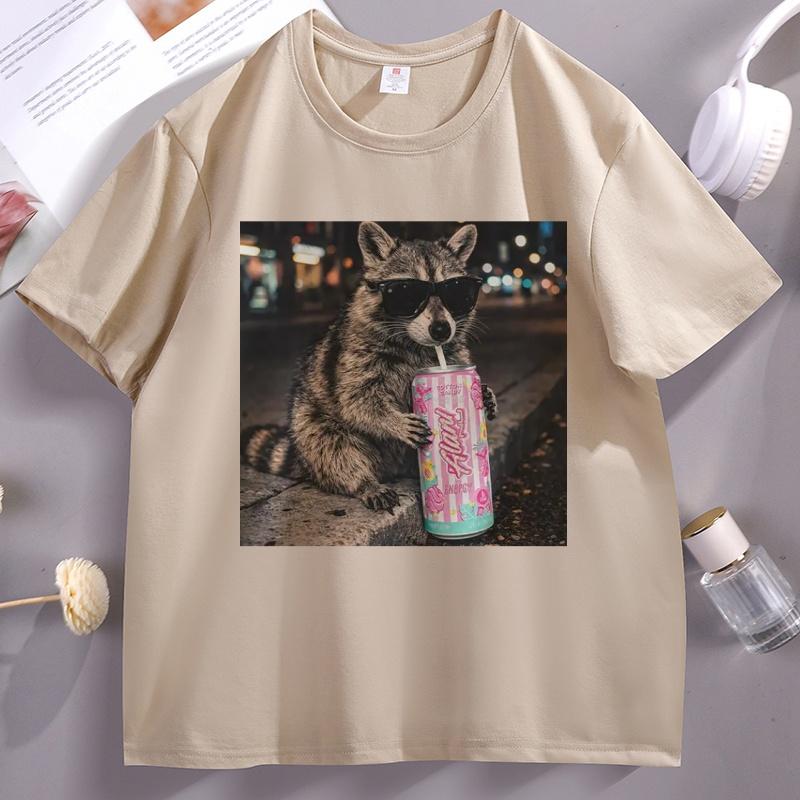 Raccoon Cotton Candy Drink Graphic Tee Fun Animal Lover T Shirt Vintage Raccoons Cotton Short Sleeve Round Neck Pritned Tshirt