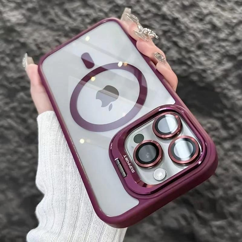 KEYSION Magnetic Transparent Phone Case for MagSafe for iPhone 15 16 Pro Max 16 Plus 16e Lens Protector Metal Stand Shockproof Cover