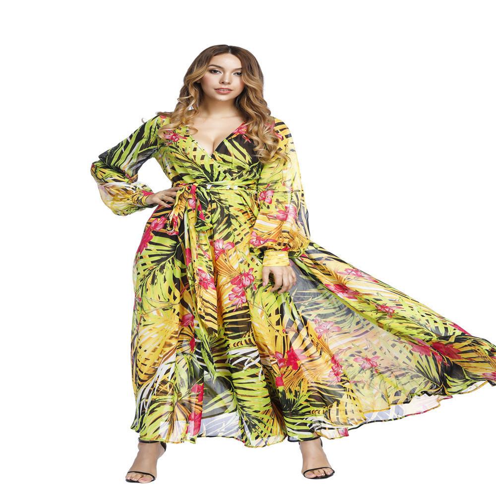 1011 Spring and Summer New European and American Women's Dress V-Neck Lantern Sleeve Red Leaf Printed Long Dress, Large Swing Dress
