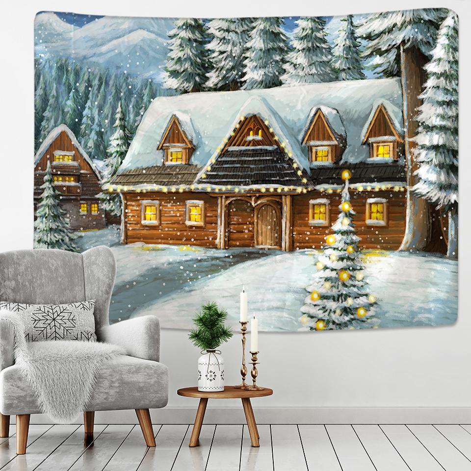 Christmas Snow Scene Home Decor Tapestry Forest Cottage Boho Decoration Hippie Christmas Tree Wall Decor Backdrop Fabric
