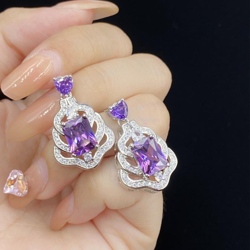 BELLA BOX High-end Deep Purple Square Zircon Pear Hollow Heart Women's Necklace Ring Set