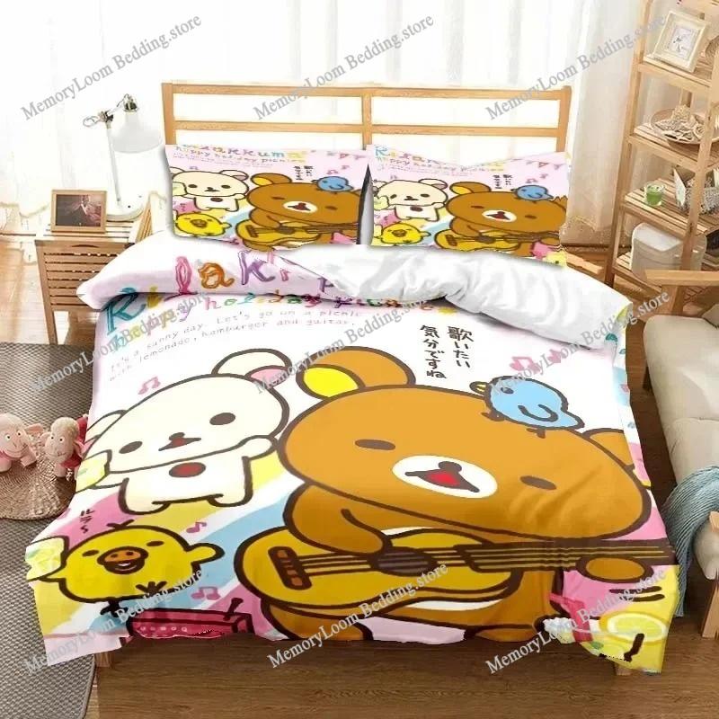 Anime Character Cute Rilakkuma Bear Bedding Set Full/Queen/King Size Duvet Cover Pillowcase Kids Adult Soft Home Textile Set