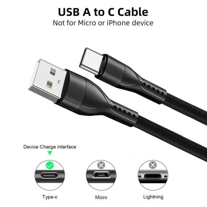 Câble USB-C Charge Rapide 3A pour Samsung Galaxy A16 A15 A05s A25 A35 A55 A56 - Nylon Tressé 1M Noir Lot de 3