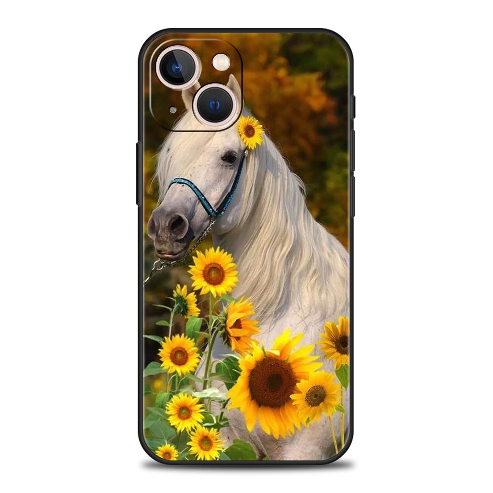 Роскошный мягкий чехол из ТПУ для iPhone 16 11 15 14 Pro MAX 12 13 7 8 Plus X XR XS SE 2022 Черный чехол Лошадь Животное