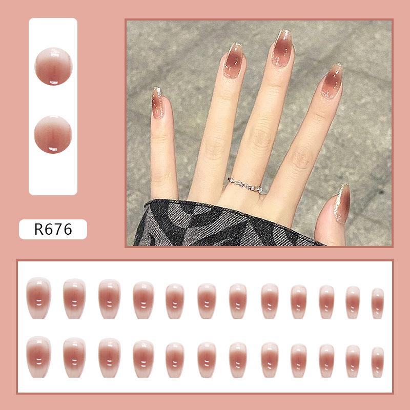 Autumn Red Brown Blush Nail Art Gold Powder Modification Wear Nail Wholesale Light Luxury Fake Nail Finished Product Wholesale Nails