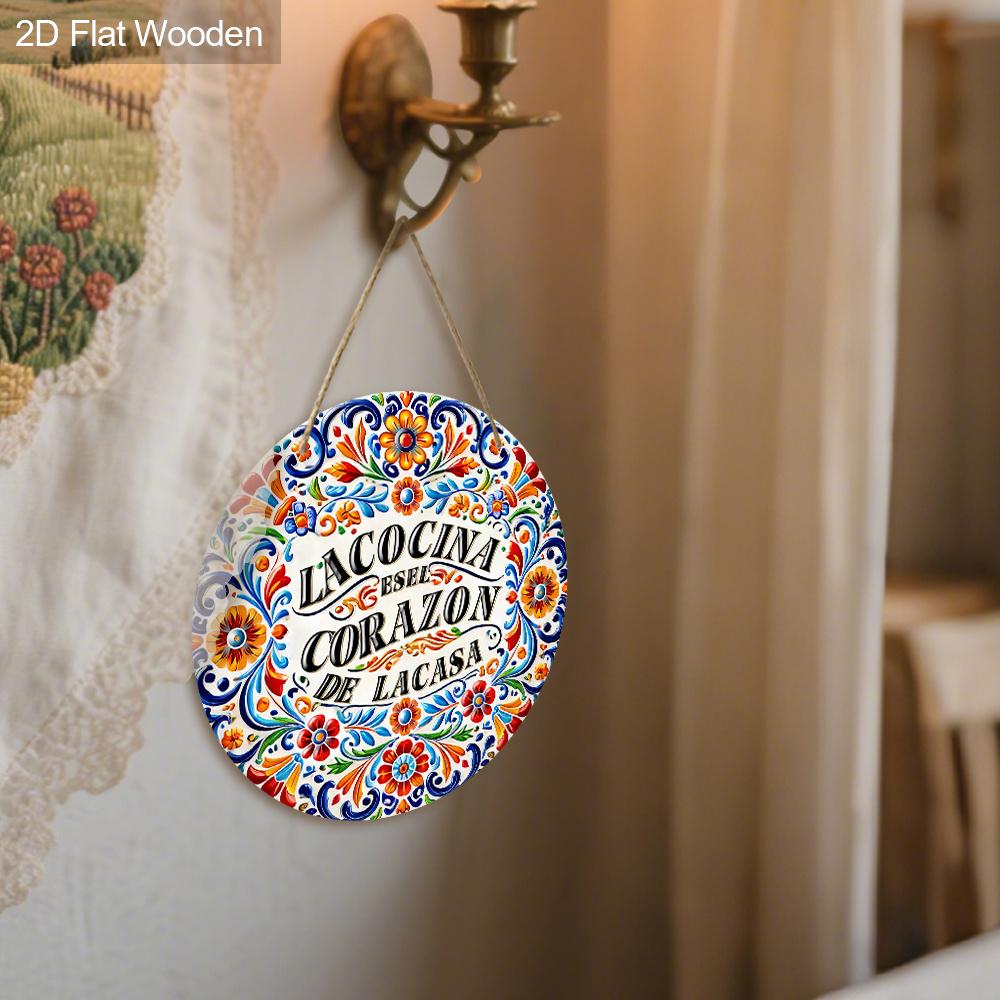 2D Flat Gorgeous Lacocina Round Wooden Sign, Charming Decorative Plaque with Flowers Pattern Design, Ideal for Outdoor, Lawn, Home Decor