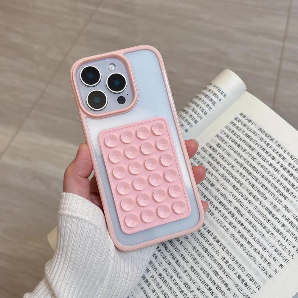 3D Suction Cup Candy Color Case For iPhone 16E 16 15 14 13 12 11 Pro Max Plus Airbag Transparent Shockproof Back Bumper Cover