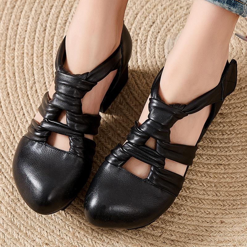 GKTINOO 2025 Новые женские сандалии Летние сандалии-гладиаторы из плетеной натуральной кожи в стиле ретро с круглым носком и повседневным высоким каблуком