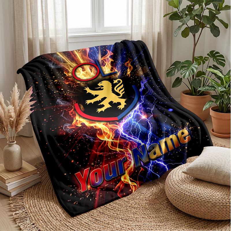 Lyon FC Custom Name Text Flannel Blanket Soccer Logo Personalized Fleece Throw Blanket Special Gift For Sofa Bedroom Home
