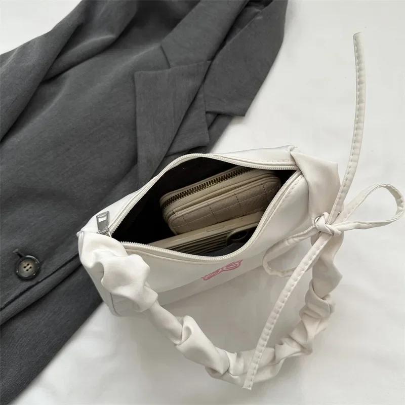 Вышитая сумка через плечо с бантом - Стильная сумка-тоут из нейлона с ручкой-рюшем, сумка для макияжа и помады, сумочка