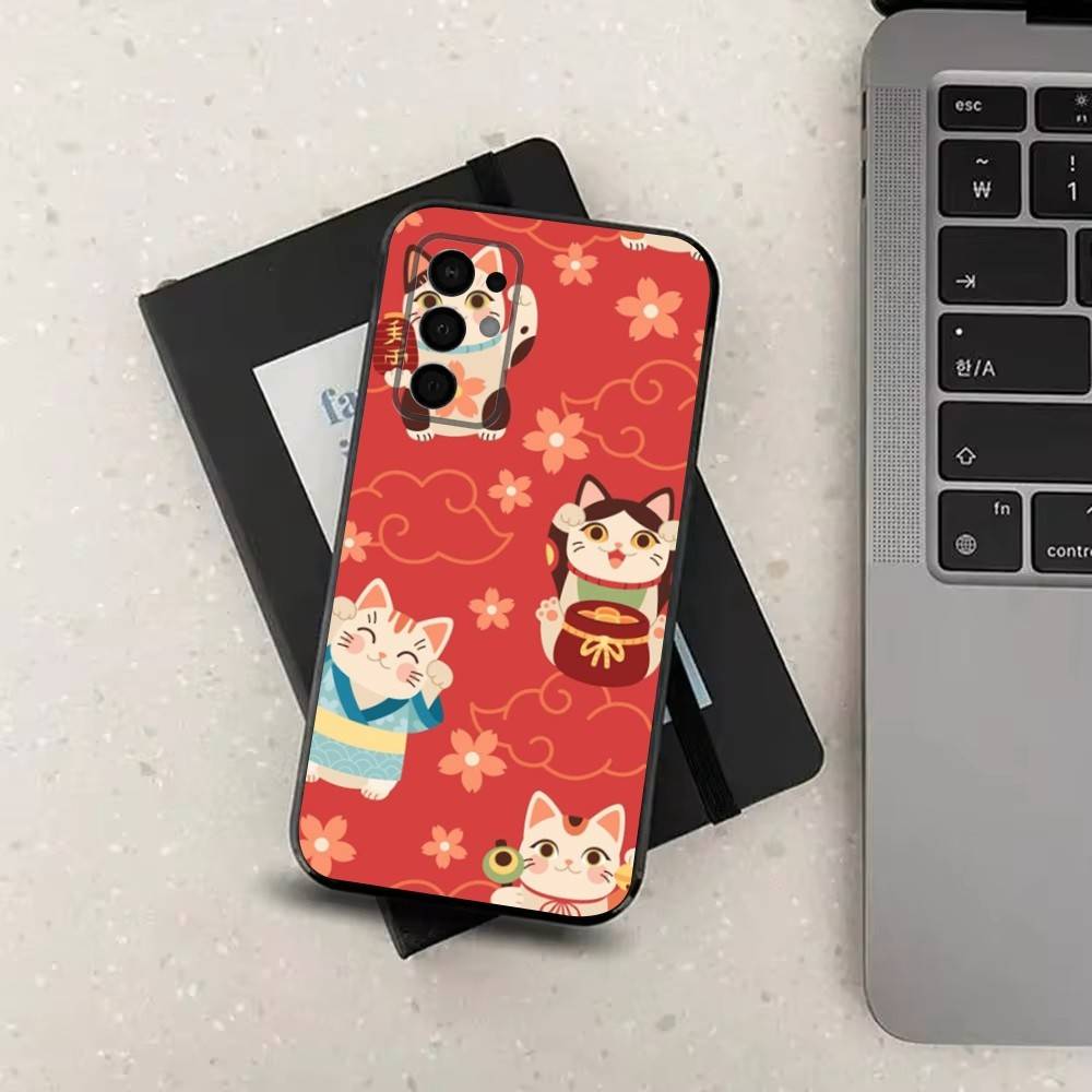 Cartoon Lucky Cat Phone For Samsung Galaxy A53,31,52,72,41,22,73,32,71,Note,J7,8,9,5G Soft Black Silicone Case