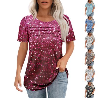 Женская модная рубашка с круглым вырезом и короткими рукавами в складку