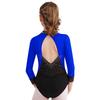 Girls Sparkly Rhinestones Color Block Sheer Mesh Patchwork Skirted Bodysuit Gymnastics Leotard