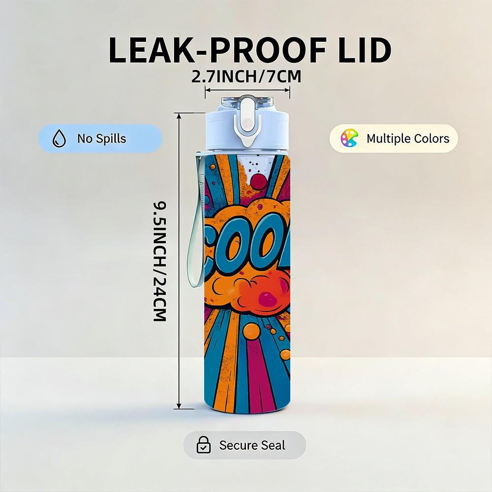 1PC Cool Burst Pop Art Text 750ml Color Plastic Sports Water Bottle Leakproof Flip Straw Lid Suitable for Sports Office Home Use