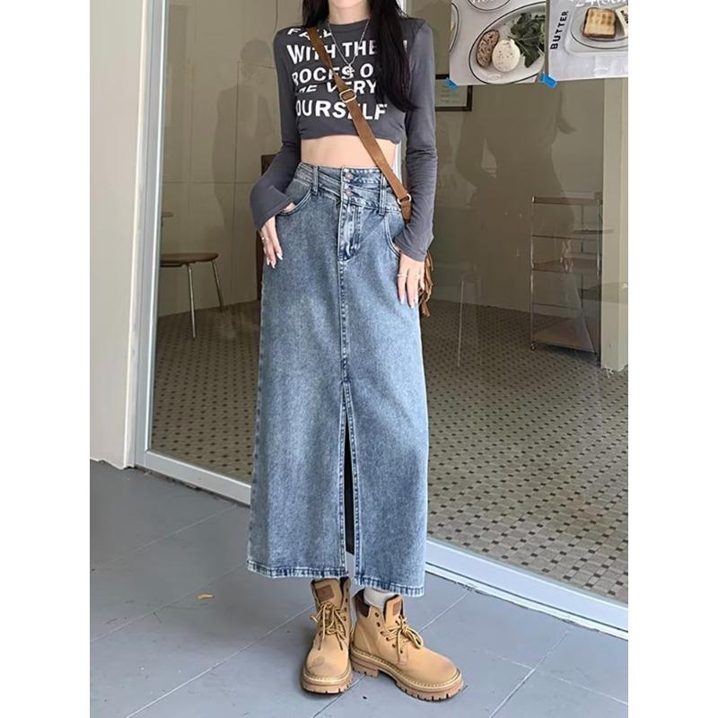 Джинсовая юбка больших размеров с разрезом, юбка до половины тела для женщин, летняя юбка трапециевидной формы средней длины с высокой талией в стиле ретро
