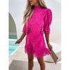 Women Summer Lace Loose Half Sleeve Turtleneck Crop Tops Slim Fit Hollow Out Shorts