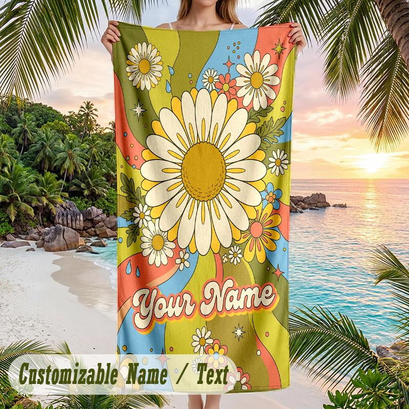 Flower Power Groovy Art Theme Quick Dry Beach Towel Custom Name Text Print Large Sand Resistant Towel Beach Vacation